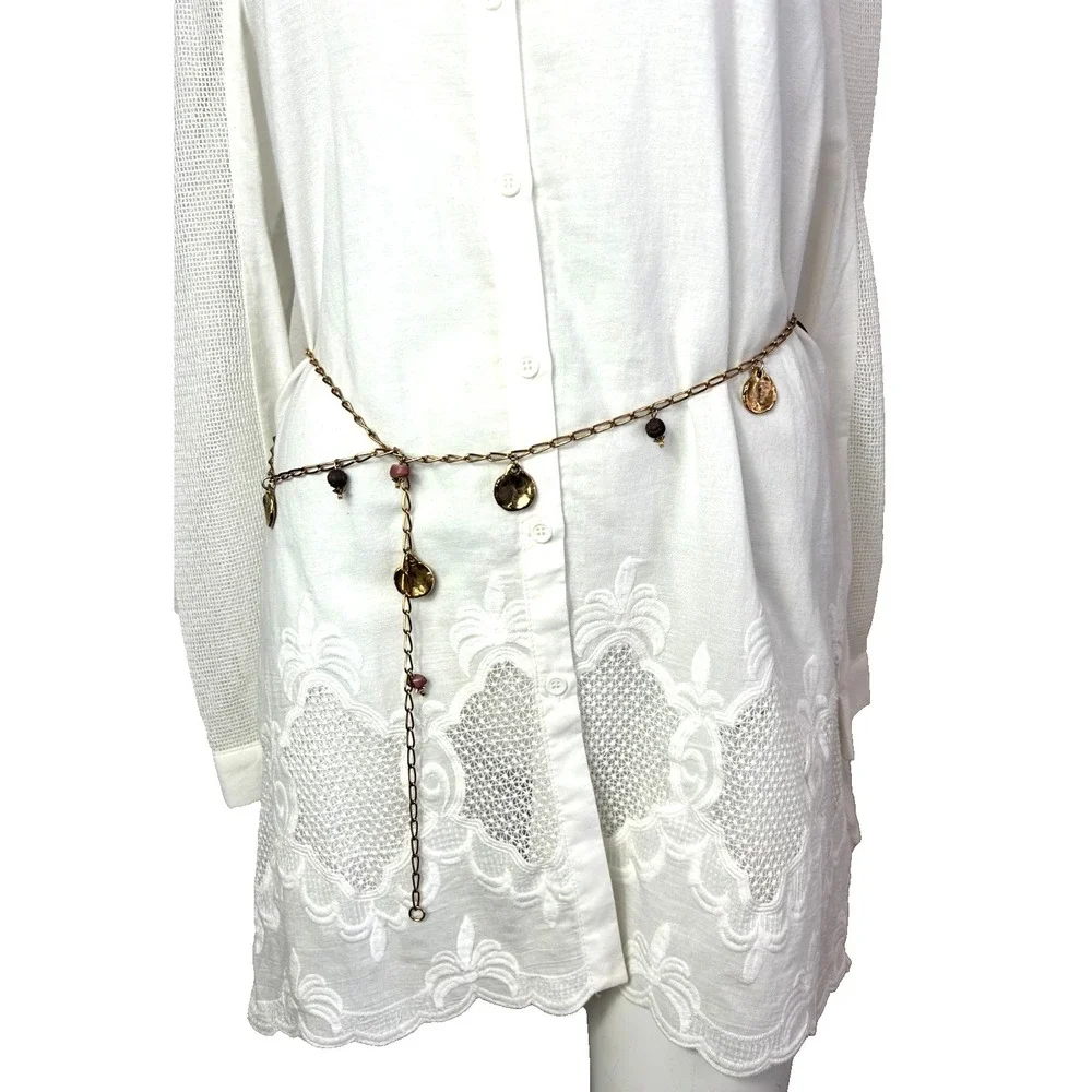 Vintage Statement Chain Belt Gold Tone Hammered Coin Beads Dangle Charm Bohemian